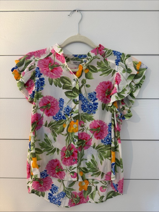 Rose & Olive Tops - Rose & Olive Floral Ruffle-Sleeve Blouse in Pink, Blue, Green, Yellow
